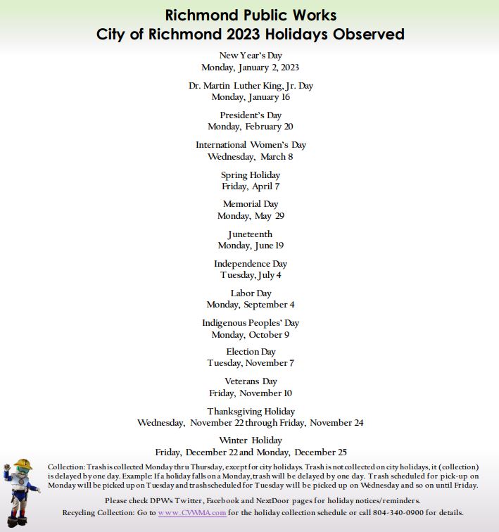 City Of Richmond Holiday Schedule 2025 Wynn Allison